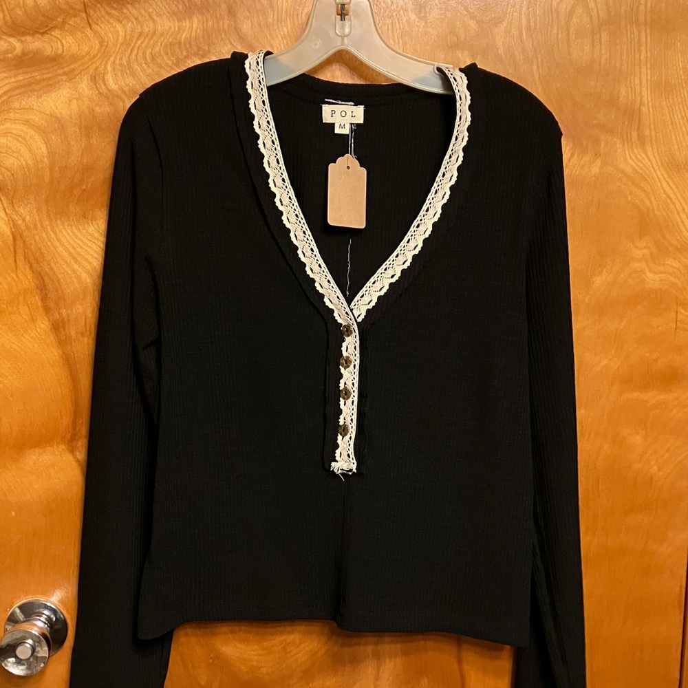 POL. Black L/S V-Neck Top with Ivory Lace Trim. Size M. LOOK AT THE BACK. NWT